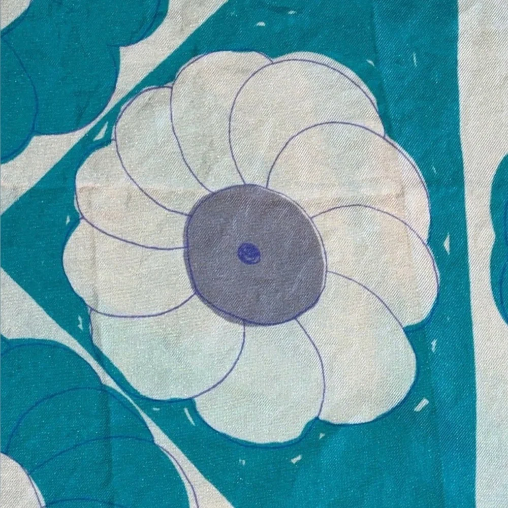 Vintage Vera Neumann Silk Scarf Blue Mod Floral Geometric Signed Hand Rolled